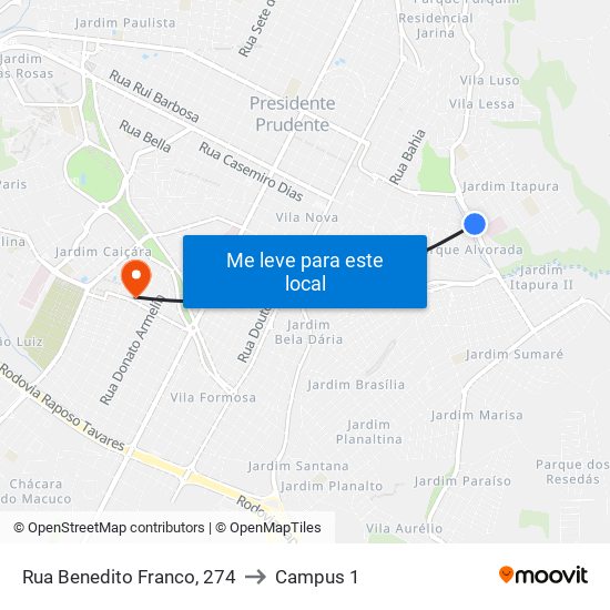 Rua Benedito Franco, 274 to Campus 1 map