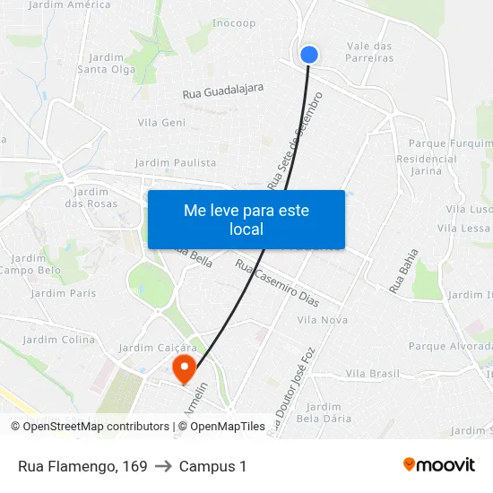 Rua Flamengo, 169 to Campus 1 map
