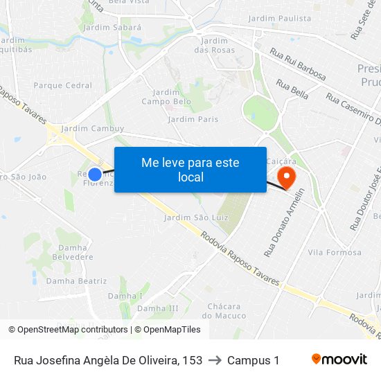 Rua Josefina Angèla De Oliveira, 153 to Campus 1 map