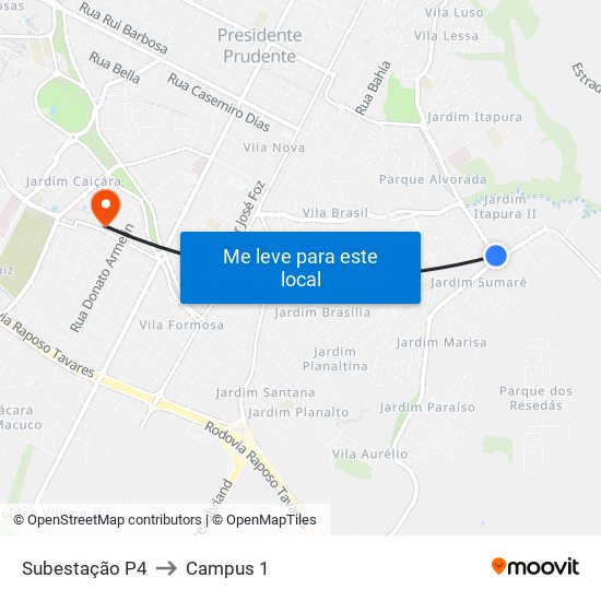 Subestação P4 to Campus 1 map