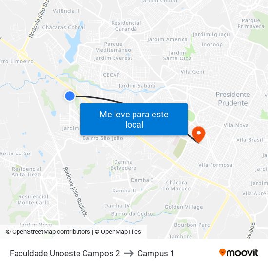 Faculdade Unoeste Campos 2 to Campus 1 map