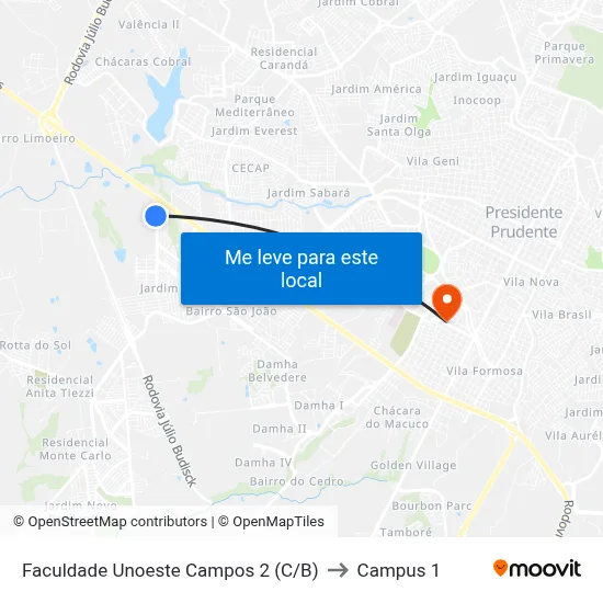 Faculdade Unoeste Campos 2 (C/B) to Campus 1 map