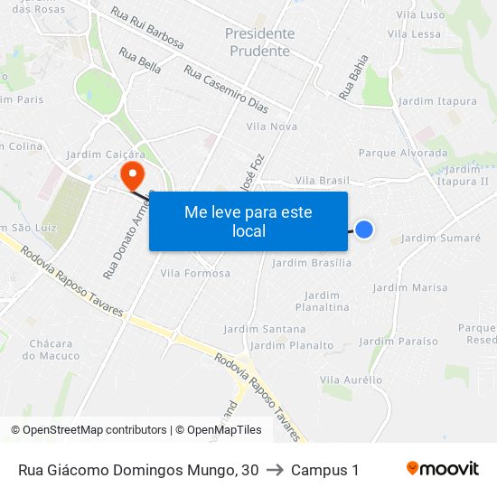 Rua Giácomo Domingos Mungo, 30 to Campus 1 map