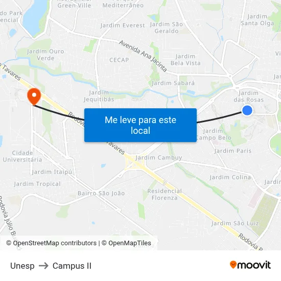 Unesp to Campus  II map