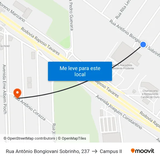 Rua Antônio Bongiovani Sobrinho, 237 to Campus  II map