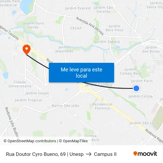 Rua Doutor Cyro Bueno, 69 | Unesp to Campus  II map