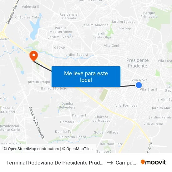 Terminal Rodoviário De Presidente Prudente to Campus  II map