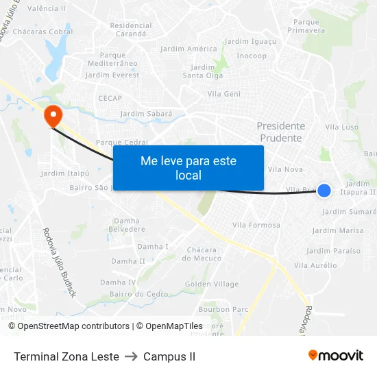 Terminal Zona Leste to Campus  II map