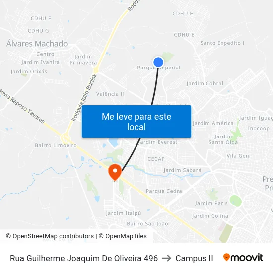 Rua Guilherme Joaquim De Oliveira 496 to Campus  II map