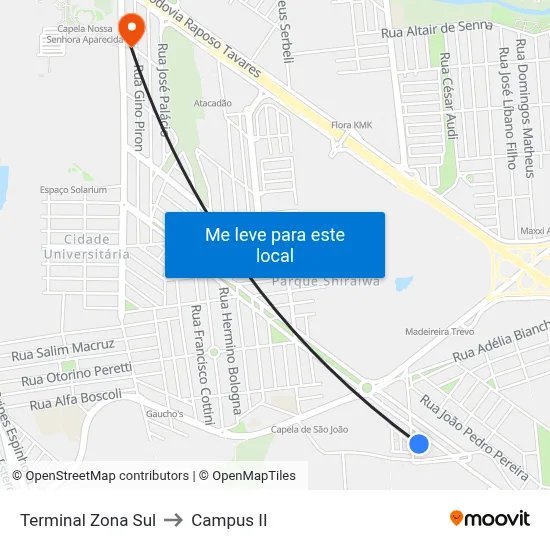 Terminal Zona Sul to Campus  II map