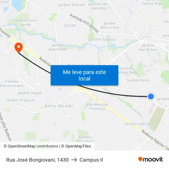 Rua José Bongiovani, 1430 to Campus  II map