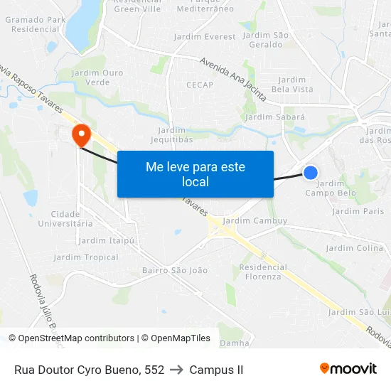 Rua Doutor Cyro Bueno, 552 to Campus  II map