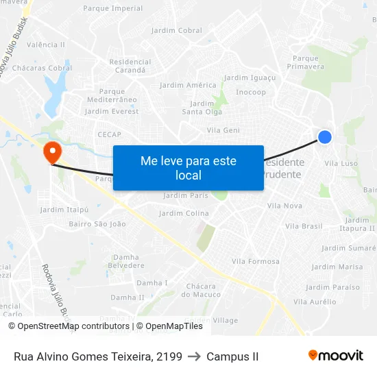 Rua Alvino Gomes Teixeira, 2199 to Campus  II map