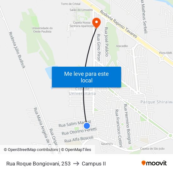 Rua Roque Bongiovani, 253 to Campus  II map