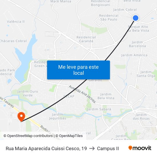 Rua Maria Aparecida Cuissi Cesco, 19 to Campus  II map