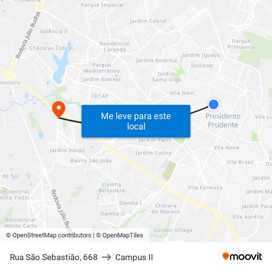 Rua São Sebastião, 668 to Campus  II map