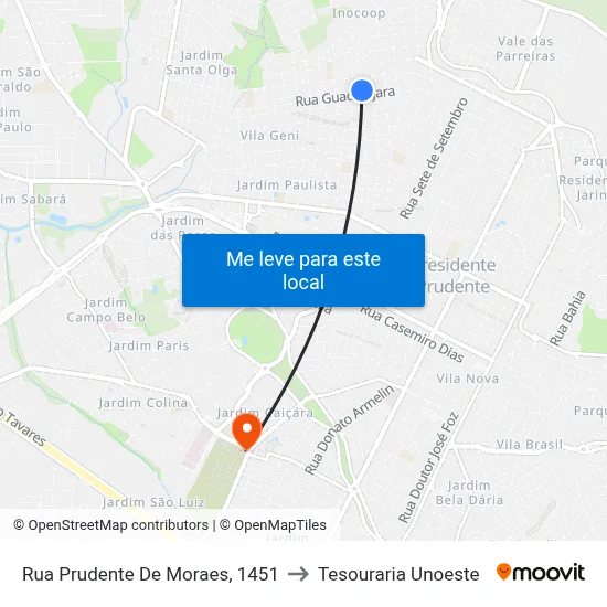 Rua Prudente De Moraes, 1451 to Tesouraria Unoeste map