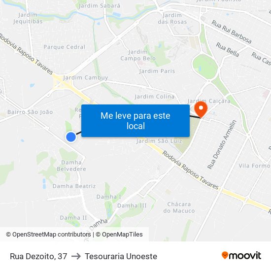 Rua Dezoito, 37 to Tesouraria Unoeste map