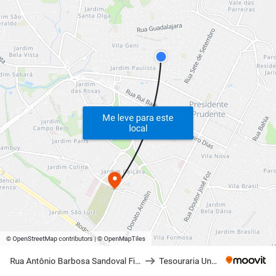 Rua Antônio Barbosa Sandoval Filho, 326 to Tesouraria Unoeste map