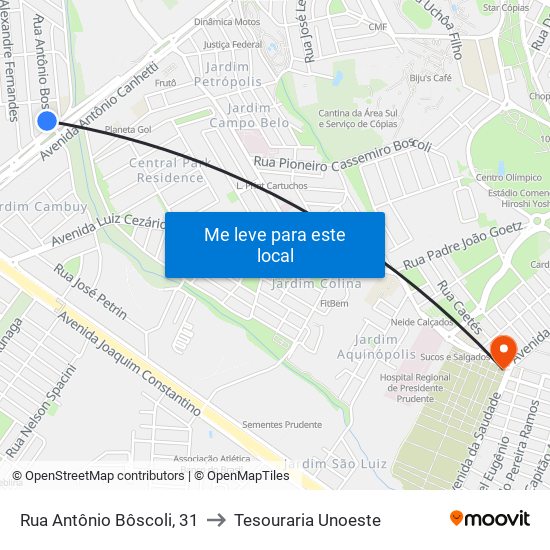 Rua Antônio Bôscoli, 31 to Tesouraria Unoeste map