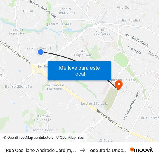 Rua Cecíliano Andrade Jardim, 420 to Tesouraria Unoeste map