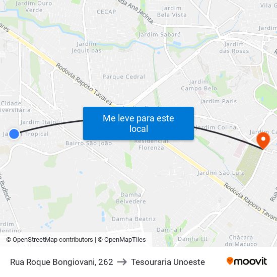 Rua Roque Bongiovani, 262 to Tesouraria Unoeste map