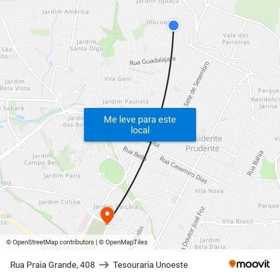 Rua Praia Grande, 408 to Tesouraria Unoeste map