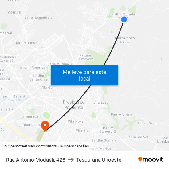 Rua Antônio Modaeli, 428 to Tesouraria Unoeste map