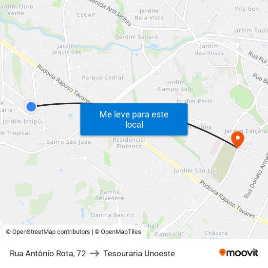 Rua Antônio Rota, 72 to Tesouraria Unoeste map