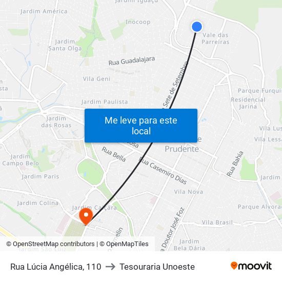 Rua Lúcia Angélica, 110 to Tesouraria Unoeste map