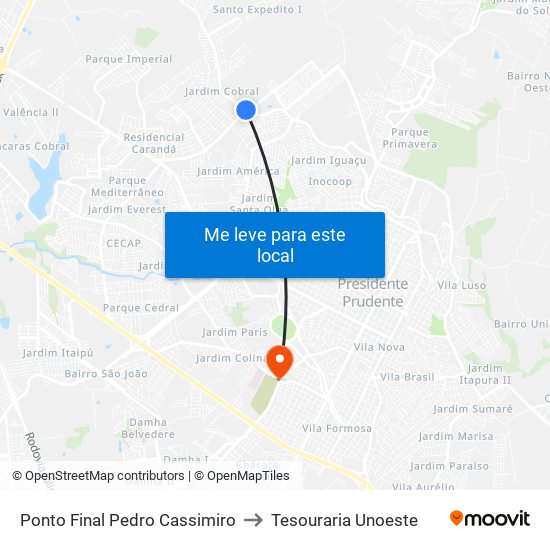 Ponto Final Pedro Cassimiro to Tesouraria Unoeste map