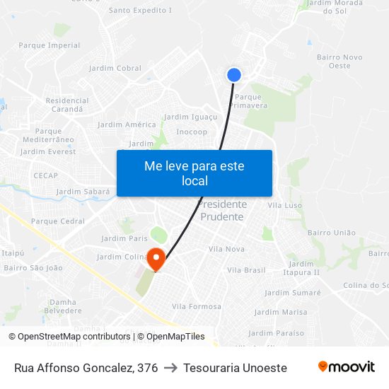 Rua Affonso Goncalez, 376 to Tesouraria Unoeste map