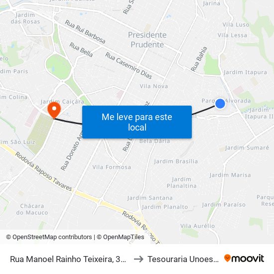 Rua Manoel Rainho Teixeira, 395 to Tesouraria Unoeste map