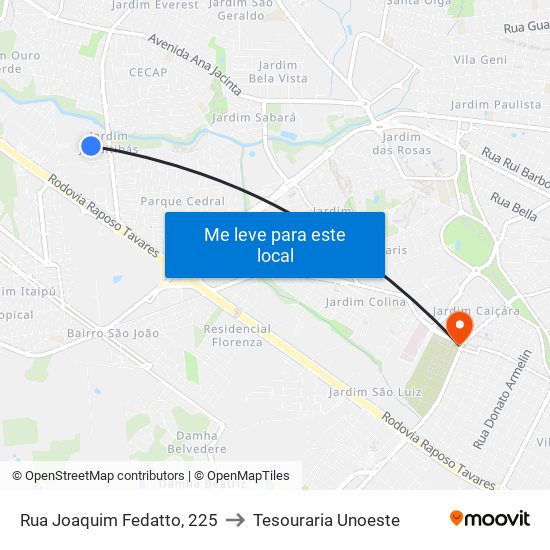 Rua Joaquim Fedatto, 225 to Tesouraria Unoeste map