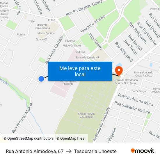 Rua Antônio Almodova, 67 to Tesouraria Unoeste map