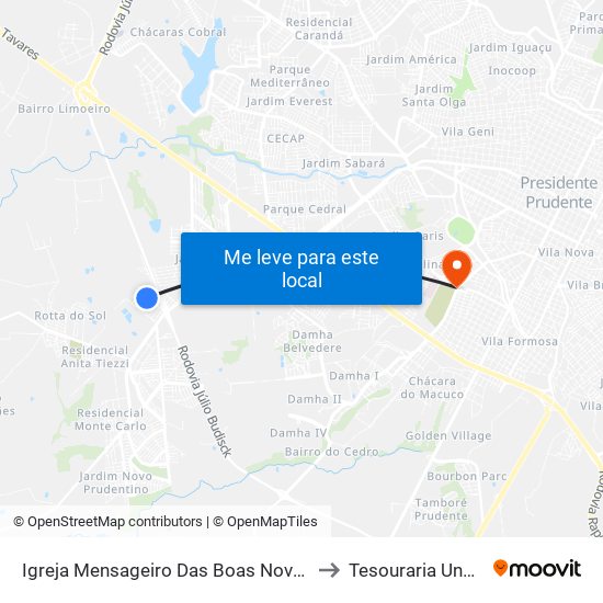 Igreja Mensageiro Das Boas Novas (C/B) to Tesouraria Unoeste map