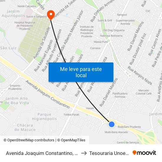 Avenida Joaquim Constantino, 435 to Tesouraria Unoeste map