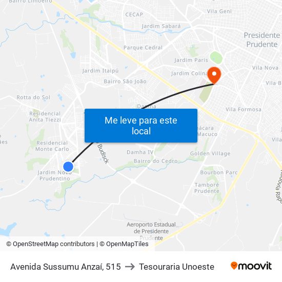Avenida Sussumu Anzaí, 515 to Tesouraria Unoeste map