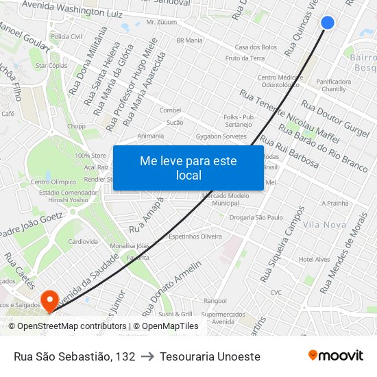 Rua São Sebastião, 132 to Tesouraria Unoeste map