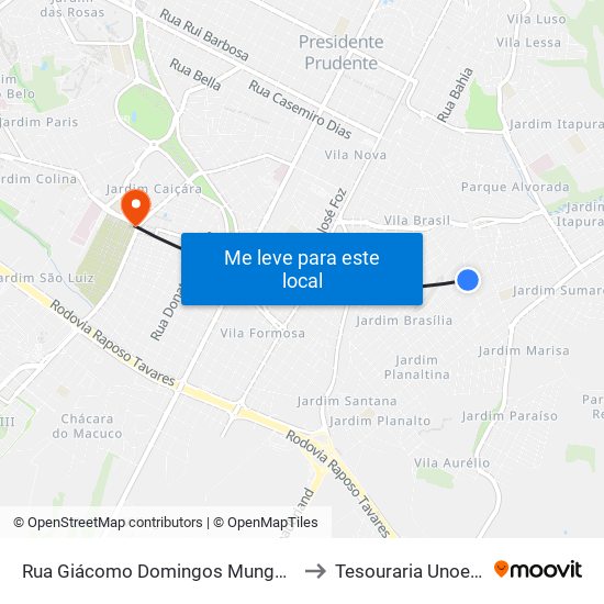 Rua Giácomo Domingos Mungo, 30 to Tesouraria Unoeste map