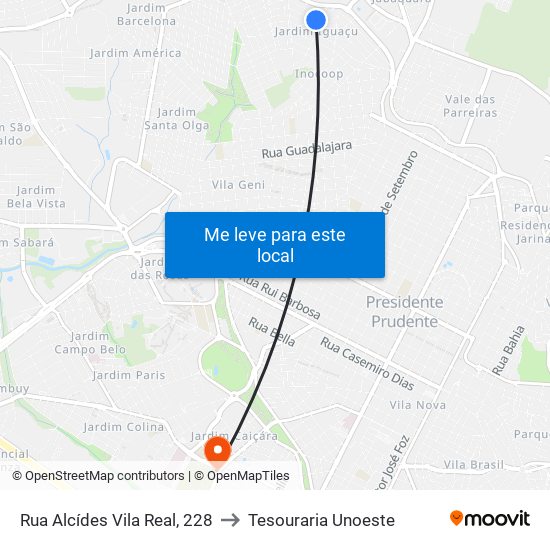 Rua Alcídes Vila Real, 228 to Tesouraria Unoeste map