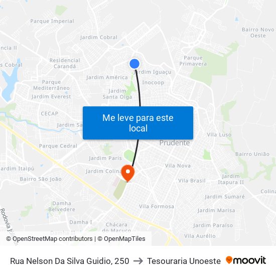 Rua Nelson Da Silva Guidio, 250 to Tesouraria Unoeste map