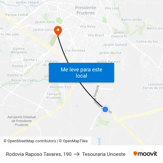Rodovia Raposo Tavares, 190 to Tesouraria Unoeste map