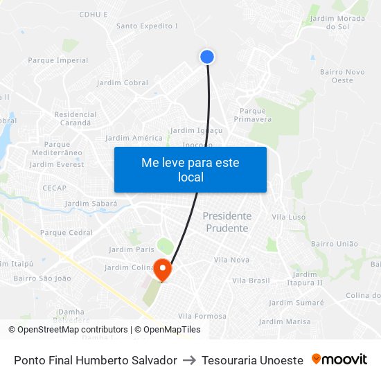 Ponto Final Humberto Salvador to Tesouraria Unoeste map