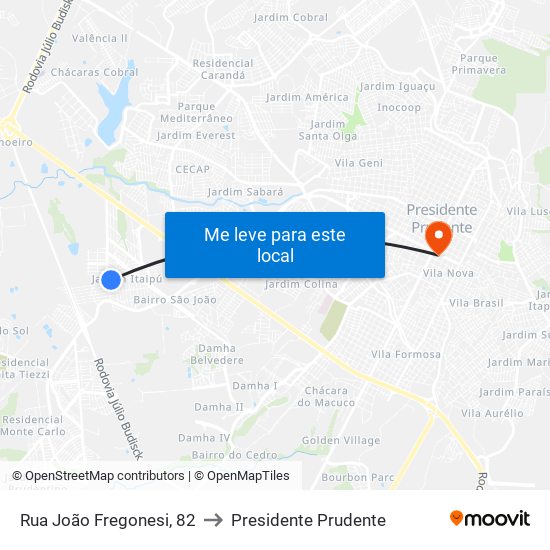 Rua João Fregonesi, 82 to Presidente Prudente map