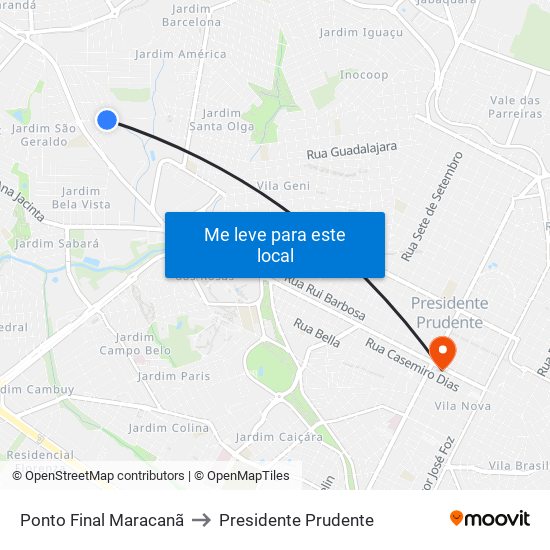 Ponto Final Maracanã to Presidente Prudente map