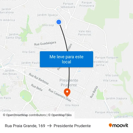 Rua Praia Grande, 169 to Presidente Prudente map