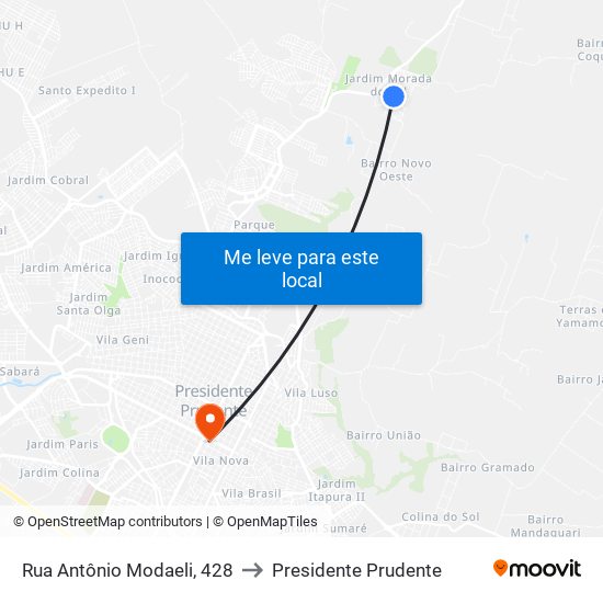 Rua Antônio Modaeli, 428 to Presidente Prudente map