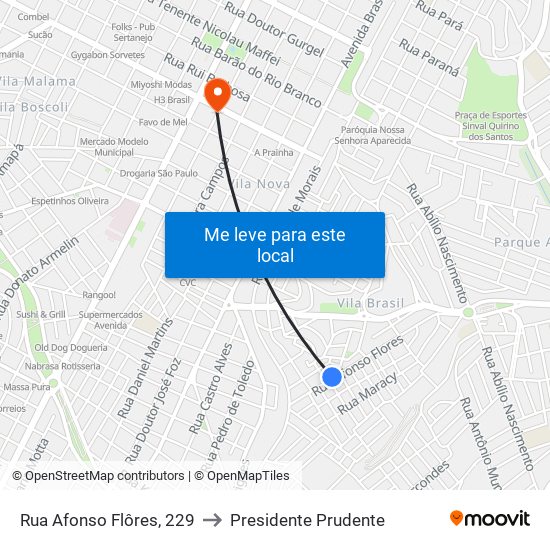 Rua Afonso Flôres, 229 to Presidente Prudente map