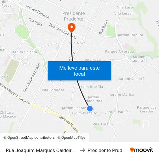 Rua Joaquim Marquês Caldeira, 675 to Presidente Prudente map
